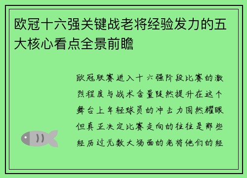 欧冠十六强关键战老将经验发力的五大核心看点全景前瞻