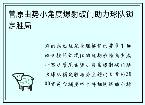 菅原由势小角度爆射破门助力球队锁定胜局 菅原由势小角度爆射破门助力球队锁定胜局